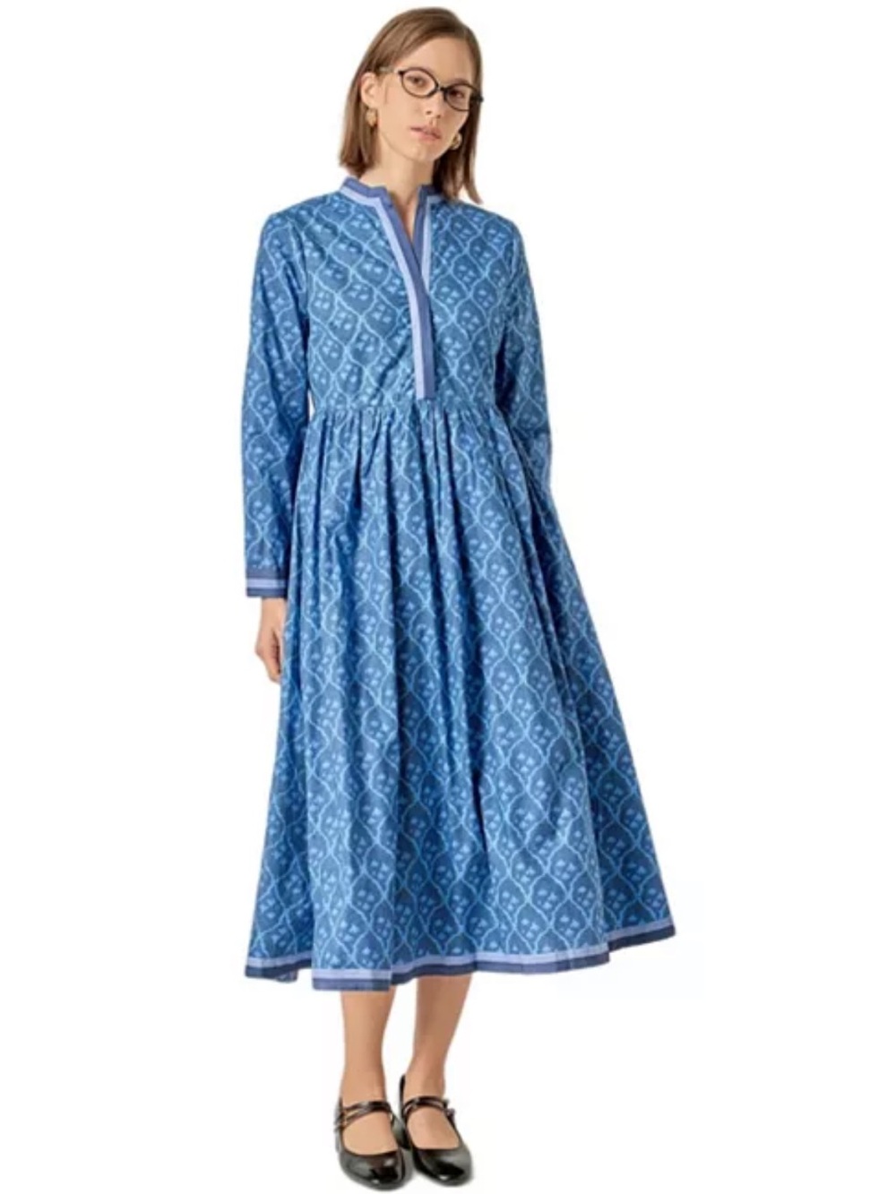 English Factory Blue Printed Long Sleeve Girls Dress with Gathered Skirt
